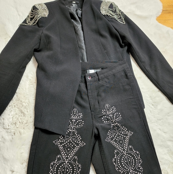 Rare H&M Black Beading High Waisted Strechy Streight Leg Pants Co ord Set - Picture 14 of 16